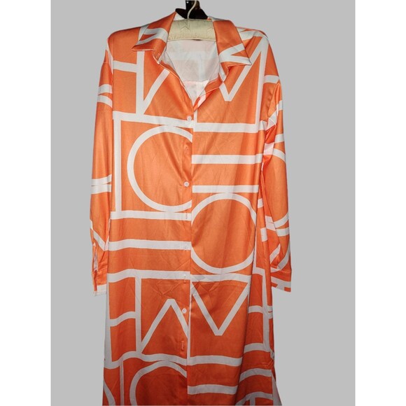 Orange and White Button Down Assymetrical Midi Shirt Dress - size M - Picture 7 of 7